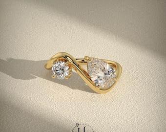 Pear Cut Moissanite Engagement Ring, Twisted Bypass Gold Band, Minimalist Bridal Ring