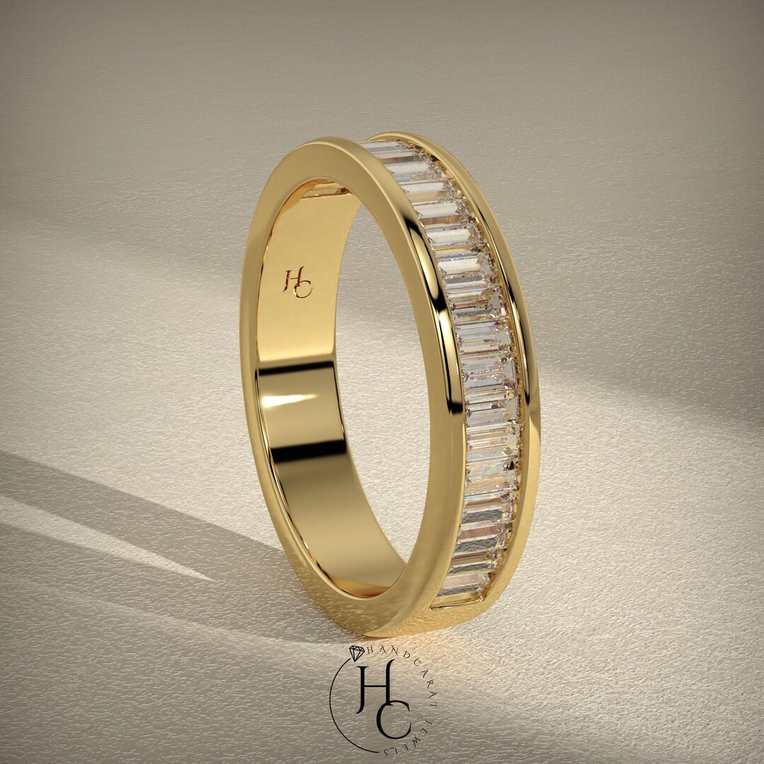 14K Gold Baguette Moissanite Wedding Band | Channel Set Stackable Ring ...