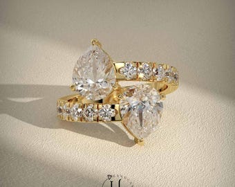 Double Pear Moissanite Engagement Ring, Yellow Gold Two Stone Statement Ring