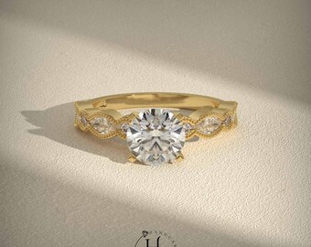1 Carat Round Moissanite Engagement Ring, Vintage Marquise, 14K Gold Milgrain Twisted Bridal Ring