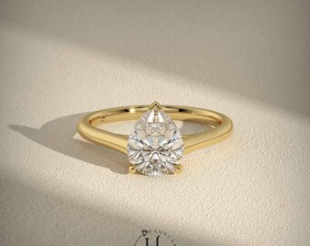 Pear Cut Solitaire Engagement Ring, 14K Yellow Gold Teardrop Moissanite, Minimalist Bridal Promise