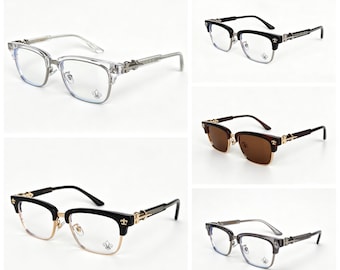 Vintage Metal Browline Glasses – Retro Black Gold Frame & Brown Tinted Sunglasses – Blue Light Blocking Eyewear