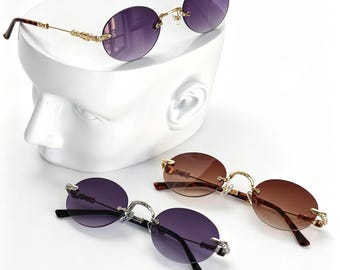 Vintage Oval Sunglasses – Gothic Cross Engraved Metal Frame – Purple Brown Gradient Lens – Y2K UV400 – Gift for Her