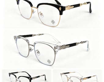 Vintage Metal Half Frame Glasses – Black Gold Silver Browline Eyewear – Retro Luxury Unisex Eyeglasses – Gift for Her Him