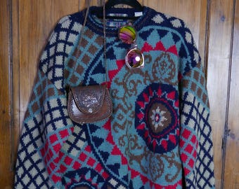 Chunky knitted 80s novelty sweater / bold medallion and checkerboard details in deep blue, sea green, cream and red / warm wool jumper