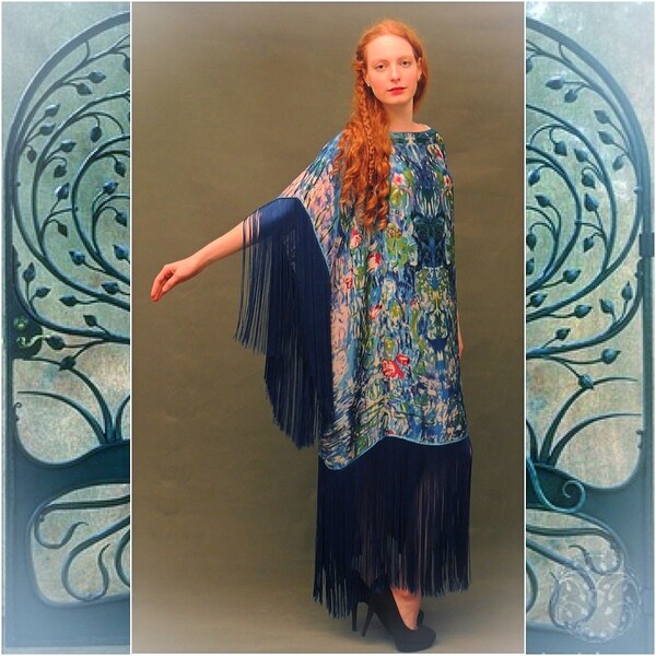 Aquarell Spiegel Seide FRINGE Kimono Kaftan Gatsby Flapper Kleid Kleid "Zigeuner" Deco Monet floral Mucha Hippie Boho nicks FESTIVAL Stevie