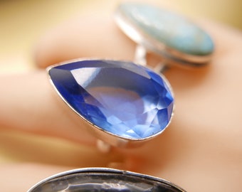 Superb vintage sterling silver statement dress ring with sublime blue apatite tear drop cut gemstone
