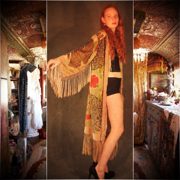 Silk FRINGE Long KIMONO peacock gold champagne robe devore duster opera Florence Deco Gatsby hippie Sheer Mucha Stevie Nicks BOHO gypsy osfa