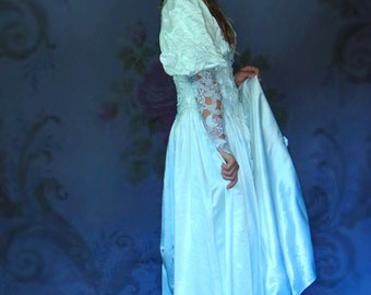 Vintage satin lace wedding dress / romantic gothic Victorian gown / full skirts fitted bodice and godet sleeves / beautiful bride