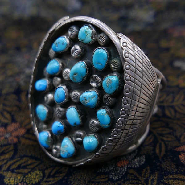 SOLD Vintage handmade Navajo huge Native American sterling silver statement cuff bracelet  bezel set turquoise gemstones