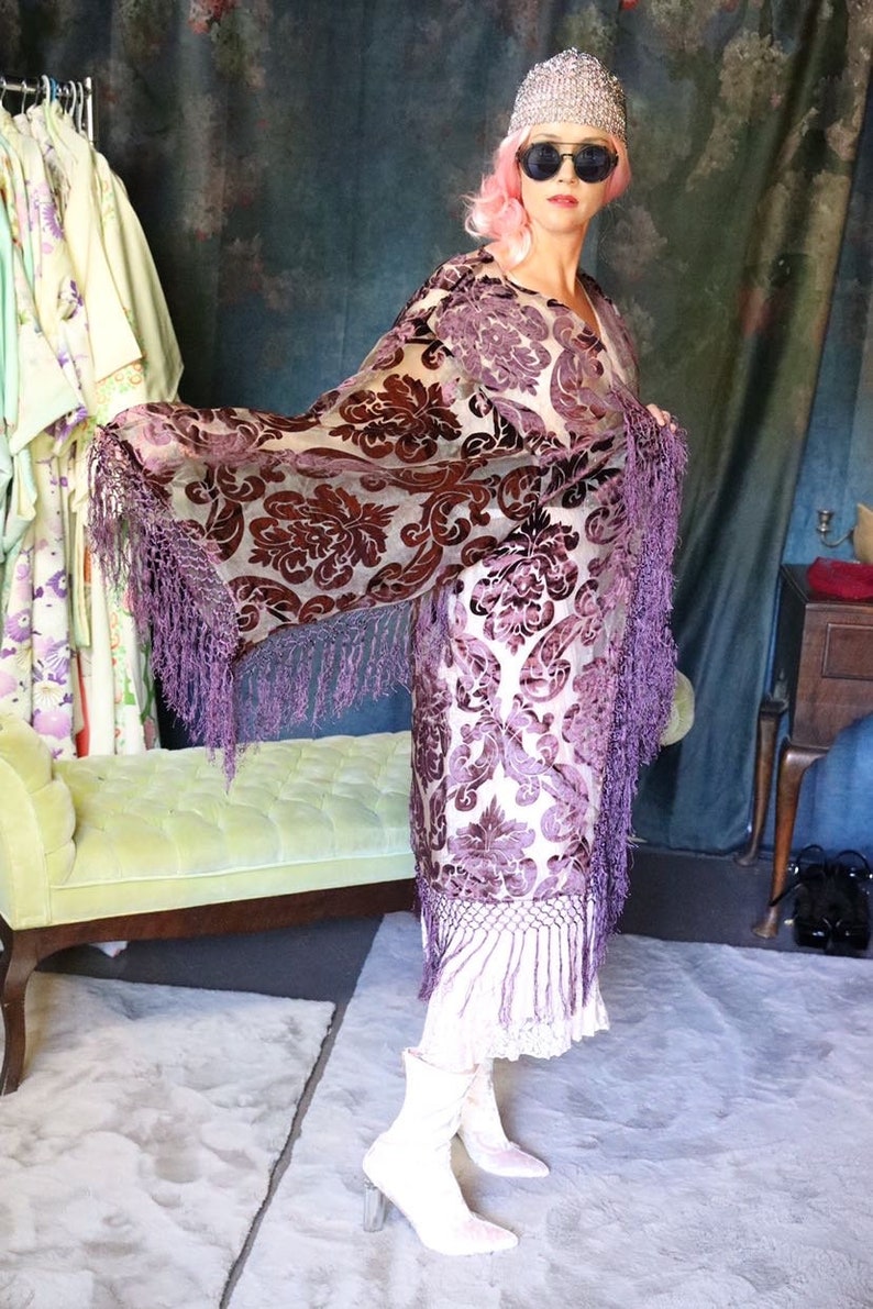 Kimono aus Seidensamt / reine Seide mit stilisierten Blättern / blasser Seide mit Fransen und stilisierten Blättern / einzigartiger Art Deco Mantel Bild 5