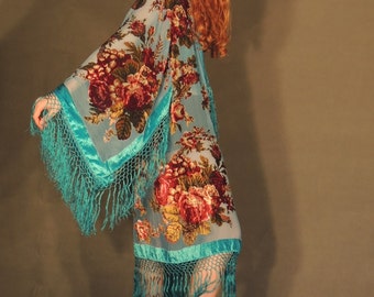 Silk kimono jacket / large turquoise blue burnout velvet robe duster coat /  devore floral Stevie Nicks festival jacket