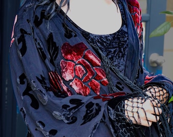 Black Magic Long black with rose red florals in silk velvet burnout kimono / pretty fringed duster robe wide sleeve