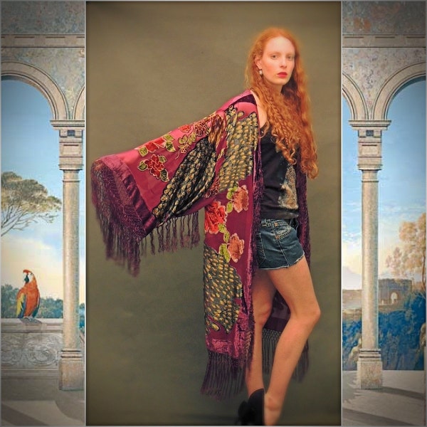 long burgundy silk kimono robe /peacock birds in burnout velvet / duster coat / art deco meets Stevie Nicks