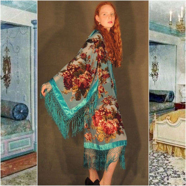 Special order layby SILK long Lrg KIMONO Turquoise burnout velvet robe duster coat devore Floral deco nouveau Hippie Mucha boho Stevie nicks