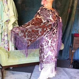 Kimono aus Seidensamt / reine Seide mit stilisierten Blättern / blasser Seide mit Fransen und stilisierten Blättern / einzigartiger Art Deco Mantel Bild 6