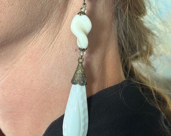 Unique stylish original antique belle epoch Czech glass earrings with scalloped white milk glass dangle gems