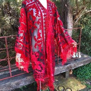 Red Ladybird Long sheer black kimono with bright rose red stylised floral in silk velvet burnout robe / pretty fringed duster wide sleeve