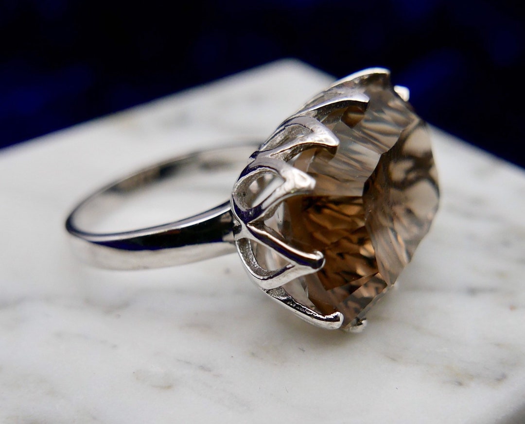Vintage Sterling Silver Statement Dress Ring With Large Smoky Quartz