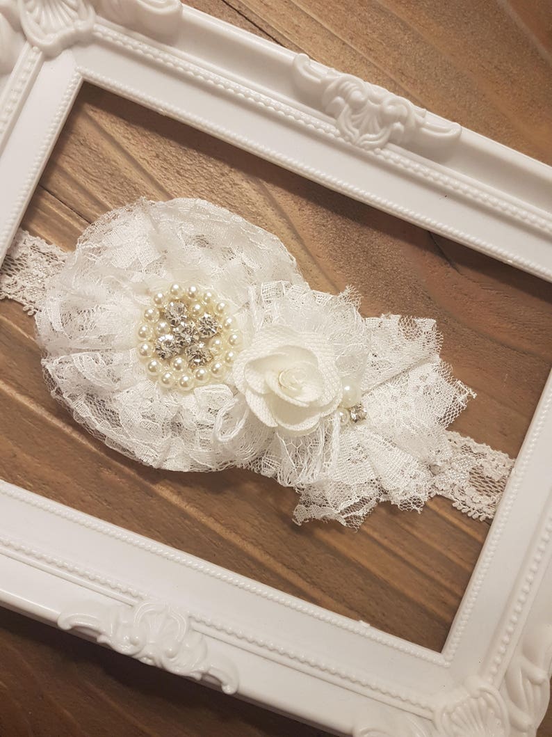 Christening Headband Christening Gift for her Baby Shower Gift White Lace Headband Vintage Lace Headband Pearls Baby Baptism Headband