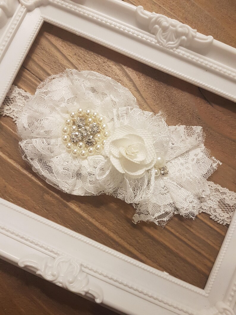 Christening Headband Christening Gift for her Baby Shower Gift White Lace Headband Vintage Lace Headband Pearls Baby Baptism Headband