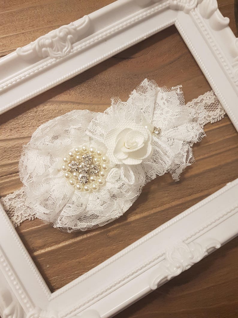Christening Headband Christening Gift for her Baby Shower Gift White Lace Headband Vintage Lace Headband Pearls Baby Baptism Headband