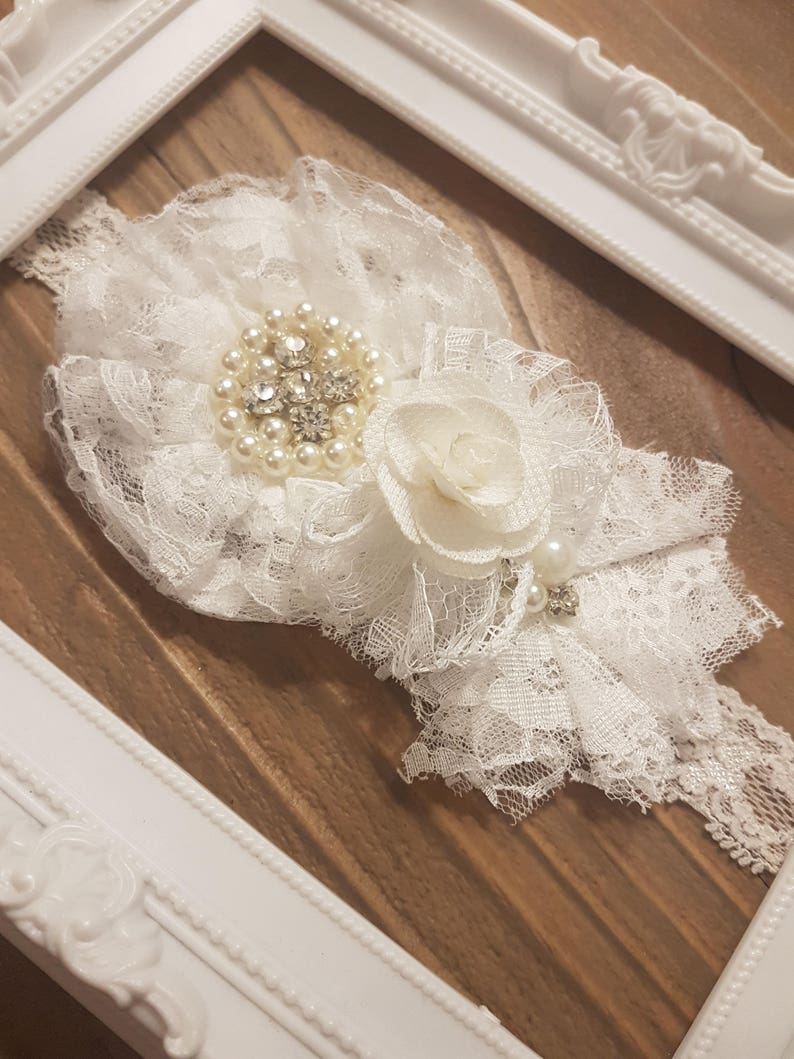 Christening Headband Christening Gift for her Baby Shower Gift White Lace Headband Vintage Lace Headband Pearls Baby Baptism Headband