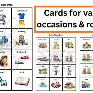 May include: Visual schedule cards for various occasions and routines. The cards are organized into packs, including Everyday Base Pack, Out & About Pack, and School & Kindy Pack. Each card features a colorful illustration depicting a daily activity.