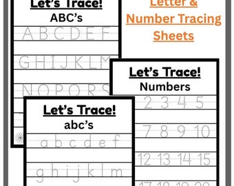 Może przedstawiać: Trzy arkusze edukacyjne do ćwiczeń pisania z czarnym tekstem na białym papierze. Arkusze zawierają napisy Let's Trace! ABC's, Let's Trace! abc's oraz Let's Trace! Numbers, z przerywanymi liniami do ćwiczenia wielkich liter, małych liter oraz liczb od 2 do 20.