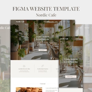 以下が含まれることがあります： Nordic CafeのFigmaウェブサイトテンプレート。テーブル、椅子、吊り下げられた植物など、カフェのインテリアの画像を備えた、クリーンでモダンな美学が特徴です。「A calm moment in your busy day」というテキストが含まれています。
