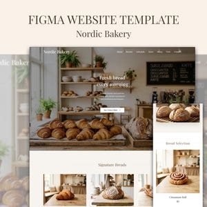 以下が含まれることがあります： 「FIGMA WEBSITE TEMPLATE」と「Nordic Bakery」のテキストが入ったベーカリーのウェブサイトテンプレート。ウェブサイトのデザインは、新鮮なパンとペストリーを展示しており、クリーンでモダンな美学に焦点を当てています。デザインには、クロワッサン、パン、シナモンロールの写真が含まれています。