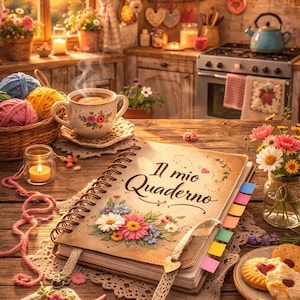 Peut inclure: Une scène chaleureuse avec un carnet intitulé "Il mio Quaderno" orné d'illustrations florales, une tasse de café et une assiette de biscuits. La table en bois est entourée de fil, de fleurs et d'une bougie allumée, créant une atmosphère accueillante.