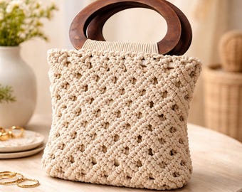 Bolso de macramé hecho a mano con asa de madera, bolso de hombro de algodón estilo boho, regalo para mujeres, regalos del Día de la Madre, regalo para mamás.