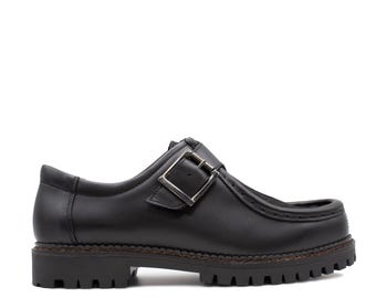 Black Leather & Haircalf Derby Loafers with Buckle – Chunky Lug Sole Handmade in Italy