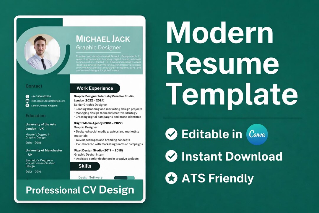 Modern CV Template Canva Editable | ATS Resume | Professional Resume ...