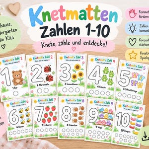 以下が含まれることがあります： 1から10までの数字が描かれた10枚の粘土遊び用マット。動物、昆虫、植物のカラフルなイラストが添えられています。各カードには粘土を置いて数えるための枠があり、ドイツ語で数字と名称が記載されています。