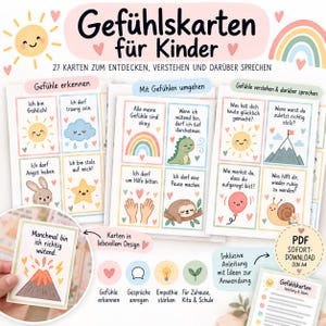 Puede incluir: Un conjunto de 27 tarjetas educativas tituladas Gefühlskarten für Kinder con ilustraciones en tonos pastel de soles, arcoíris, animales e iconos meteorológicos. Cada tarjeta incluye textos en alemán sobre emociones y reflexión.