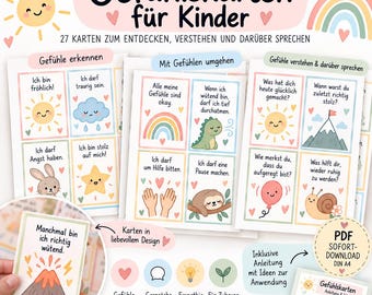 May include: A set of 27 educational cards titled Gefühlskarten für Kinder featuring pastel illustrations of suns, rainbows, animals, and weather icons. Each card includes German text prompts about emotions, coping strategies, and self-reflection questions.