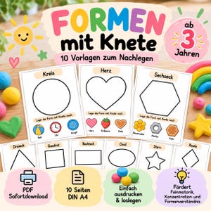Play Dough-mattor för barn från 3 år | 10 utskrivbara Play Dough-mallar | Lär dig forma med Play Dough | Direkt PDF-nedladdning