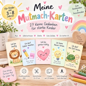 Könnte beinhalten: Ein Set aus 27 ausdruckbaren Karten mit dem Titel Meine Mutmach-Karten für Kinder von 3-8 Jahren. Die Karten zeigen Illustrationen von einem Löwen, Bleistift, Herz, einer Glühbirne und einer Schildkröte mit positiven Affirmationen und Text.