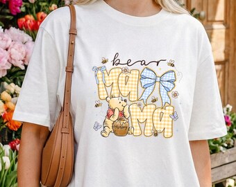 Mama Bear Shirt, Winnie the Pooh Mom T-Shirt, Disney Mothers Day Shirt, Coquette Bow Mama Bear Shirt, Winnie The Pooh Mama Bear Shirt