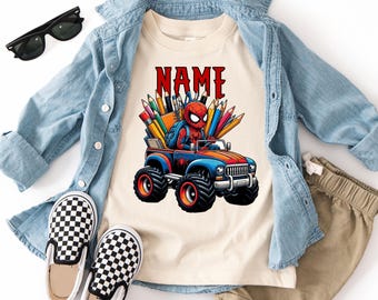 Personalized Spider-Man Monster Truck Shirt, Boys First Day School Tee