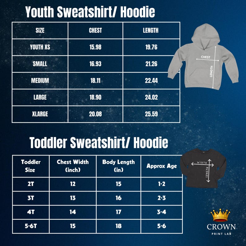 May include: A size chart for youth and toddler sweatshirts and hoodies. The chart includes chest and length measurements in inches for various sizes, along with approximate age ranges for toddlers. A gray hoodie and a black sweatshirt are shown.