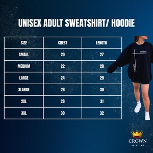 May include: A navy blue unisex adult sweatshirt or hoodie with a size chart. The chart lists chest and length measurements in inches for sizes small to 3XL. The Crown Print Lab logo is at the bottom.