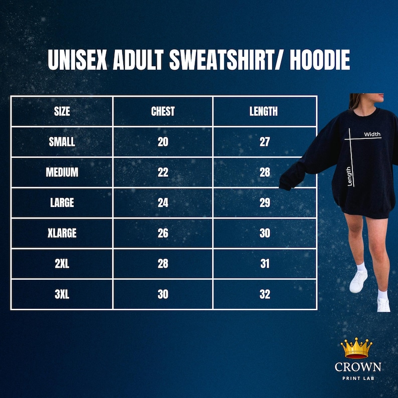 May include: A navy blue unisex adult sweatshirt or hoodie with a size chart. The chart lists chest and length measurements in inches for sizes small to 3XL. The Crown Print Lab logo is at the bottom.