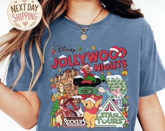Comfort Colors Jollywood Nights Christmas Shirt, Hollywood Studios Holiday Tee, Winnie Pooh Winter Park Outfit