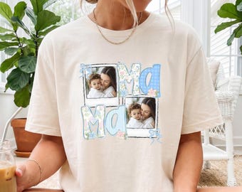 Custom Mama Photo Shirt, Mothers Day T-Shirt, Floral Blue Coquette Bow