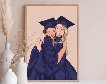 May include: Illustration of two graduates in navy blue caps and gowns, embracing. The artwork features two smiling women with fair skin and light hair, set against a neutral background. The framed print is a celebration of graduation.