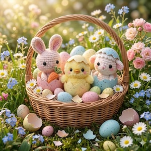 Easter Crochet Pattern Bundle - 3 in1  Amigurumi HatchingFriends: Fluffy Chick, Bunny and Lamb in Eggshells-Pastel Nursery Decor PDFTutorial