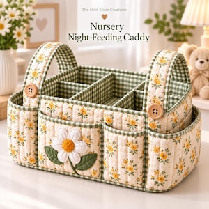 May include: A quilted fabric nursery caddy featuring a cream base with a yellow floral print and green gingham trim. The caddy has two handles secured with wooden buttons, multiple interior compartments, and a large white daisy applique.